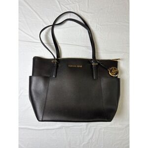 Michael Kors NWOT Tote Bag Black Leather Gold Tone Logo MK Charm Zip Top Jet Set
